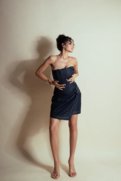 Style Junkie Deep Space Denim Knotted Skirt indian designer wear online shopping melange singapore