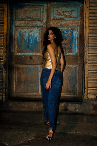 Style Junkie Gold Embellished Cut-Out Corset indian designer wear online shopping melange singapore