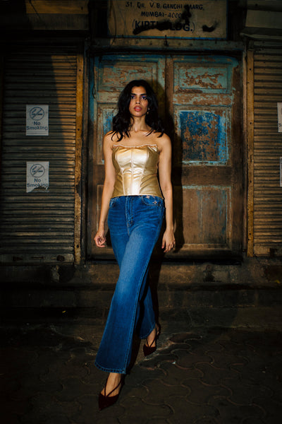 Style Junkie Gold Embellished Cut-Out Corset indian designer wear online shopping melange singapore