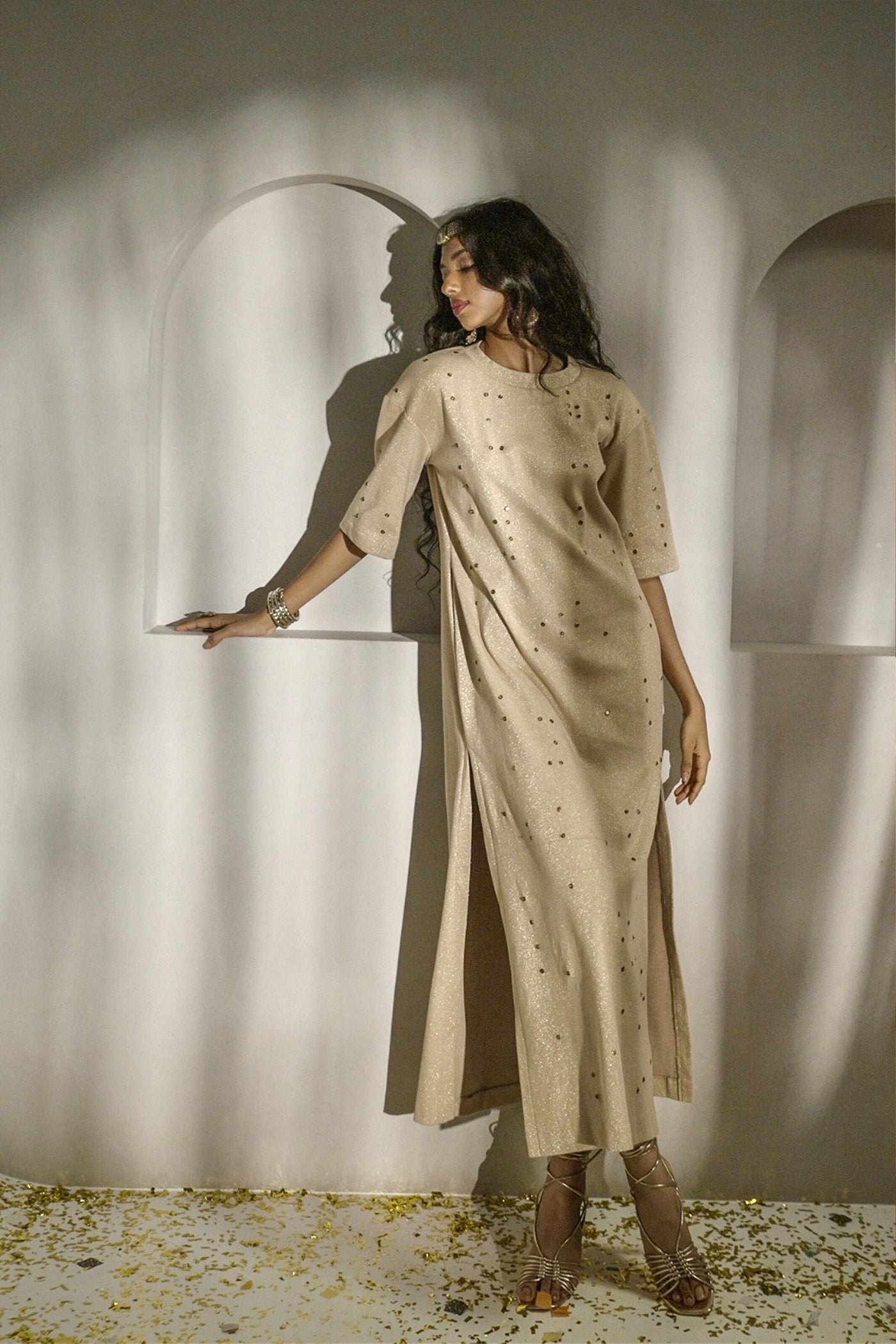 Style Junkie Gold Tic Tac Tee Dress indian designer wear online shopping melange singapore