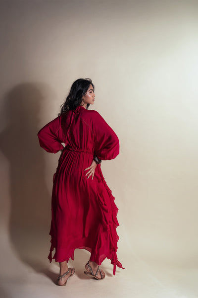 Style Junkie Hot Strawberry Cascade Ruffle Duster indian designer wear online shopping melange singapore
