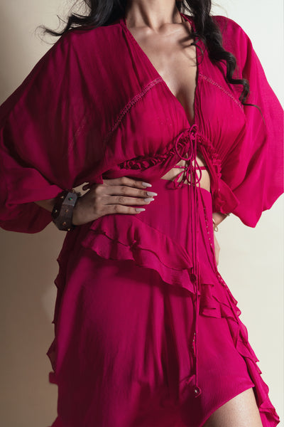 Style Junkie Hot Strawberry Cascade Ruffle Duster indian designer wear online shopping melange singapore
