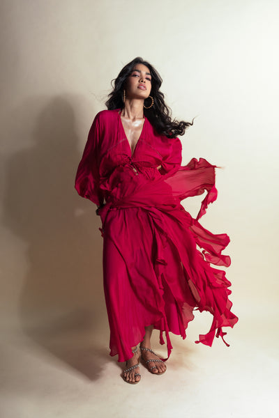 Style Junkie Hot Strawberry Cascade Ruffle Duster indian designer wear online shopping melange singapore
