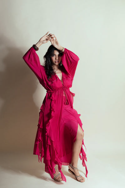 Style Junkie Hot Strawberry Cascade Ruffle Duster indian designer wear online shopping melange singapore
