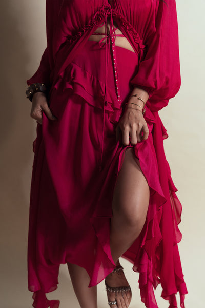 Style Junkie Hot Strawberry Cascade Ruffled Skirt indian designer wear online shopping melange singapore