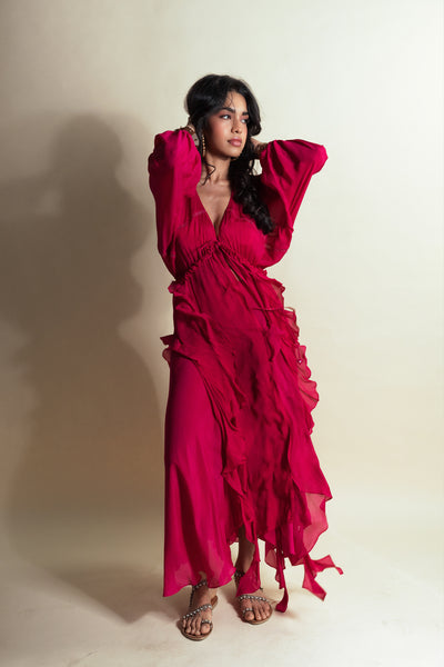 Style Junkie Hot Strawberry Cascade Ruffled Skirt indian designer wear online shopping melange singapore