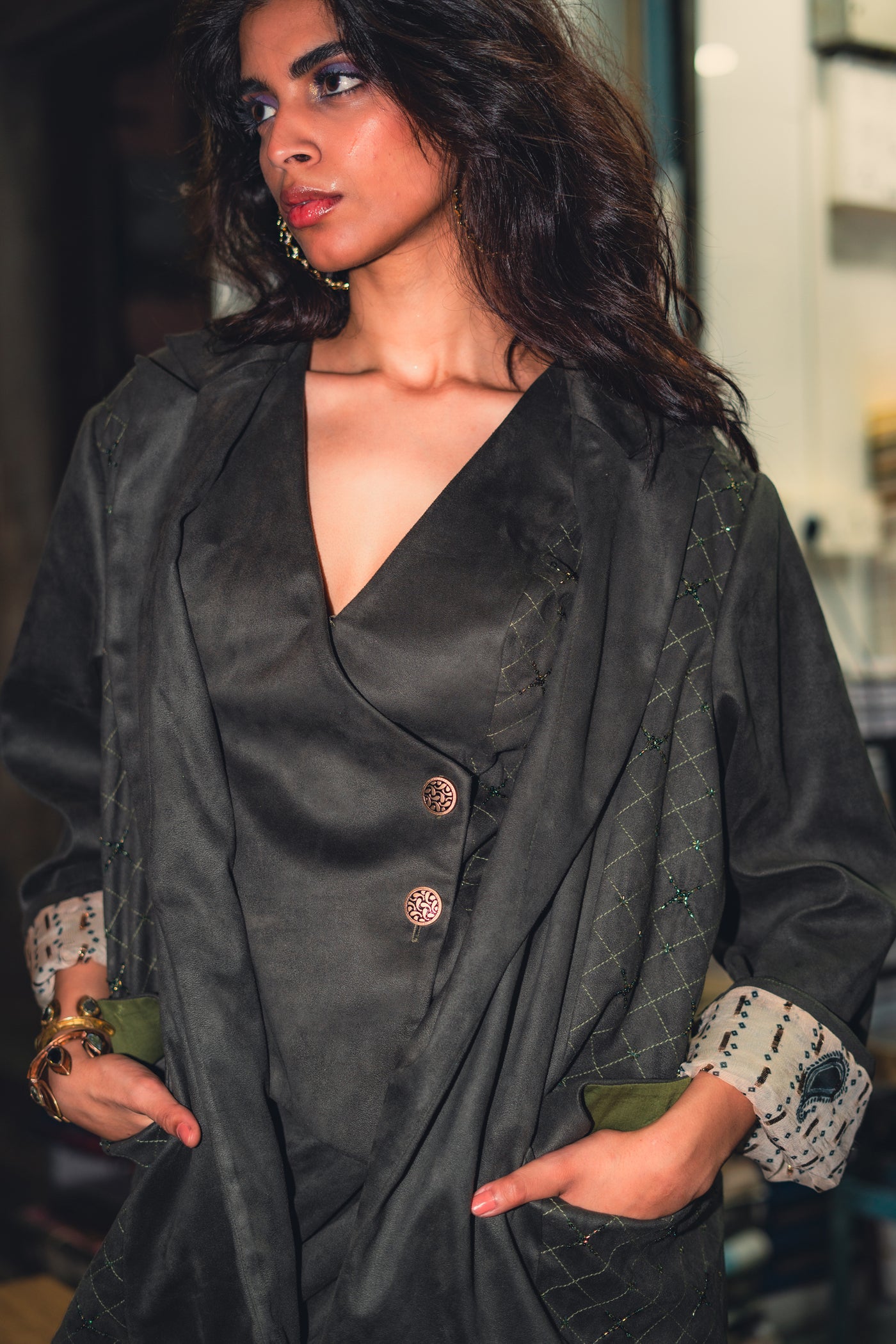 Style Junkie Olive Oversized Statement Blazer indian designer wear online shopping melange singapore
