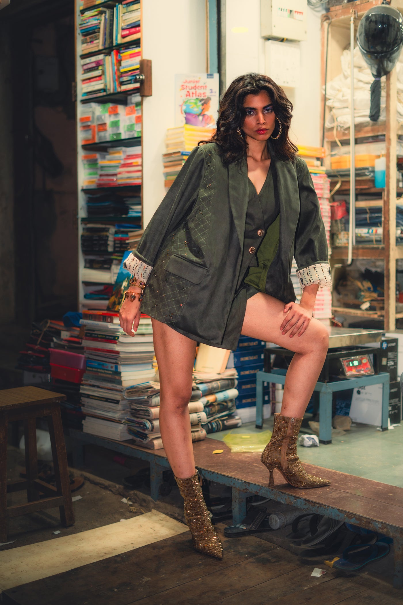 Style Junkie Olive Oversized Statement Blazer indian designer wear online shopping melange singapore
