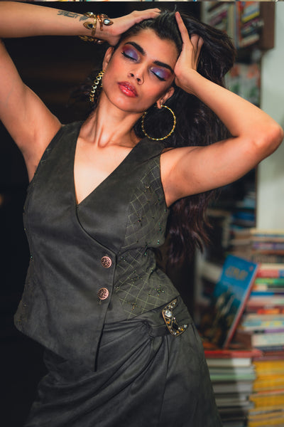 Style Junkie Olive Suede Mini Skirt indian designer wear online shopping melange singapore
