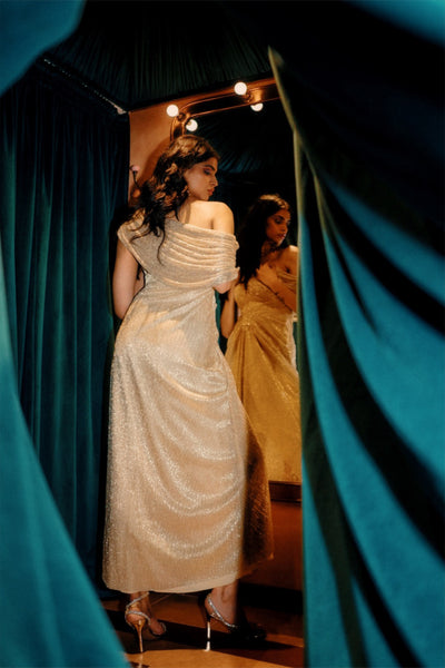 Style Junkie Sparkling Gold Draped Dress indian designer wear online shopping melange singapore
