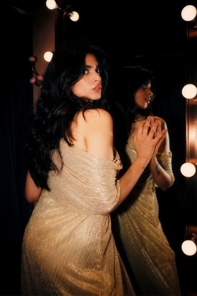 Style Junkie Sparkling Gold Draped Dress indian designer wear online shopping melange singapore
