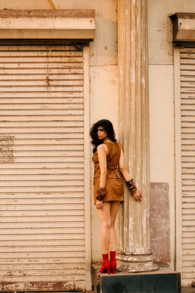 Style Junkie Tan Suede Mini Skirt indian designer wear online shopping melange singapore
