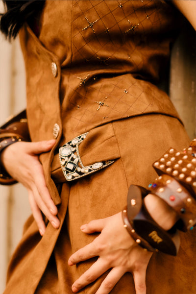Style Junkie Tan Suede Mini Skirt indian designer wear online shopping melange singapore