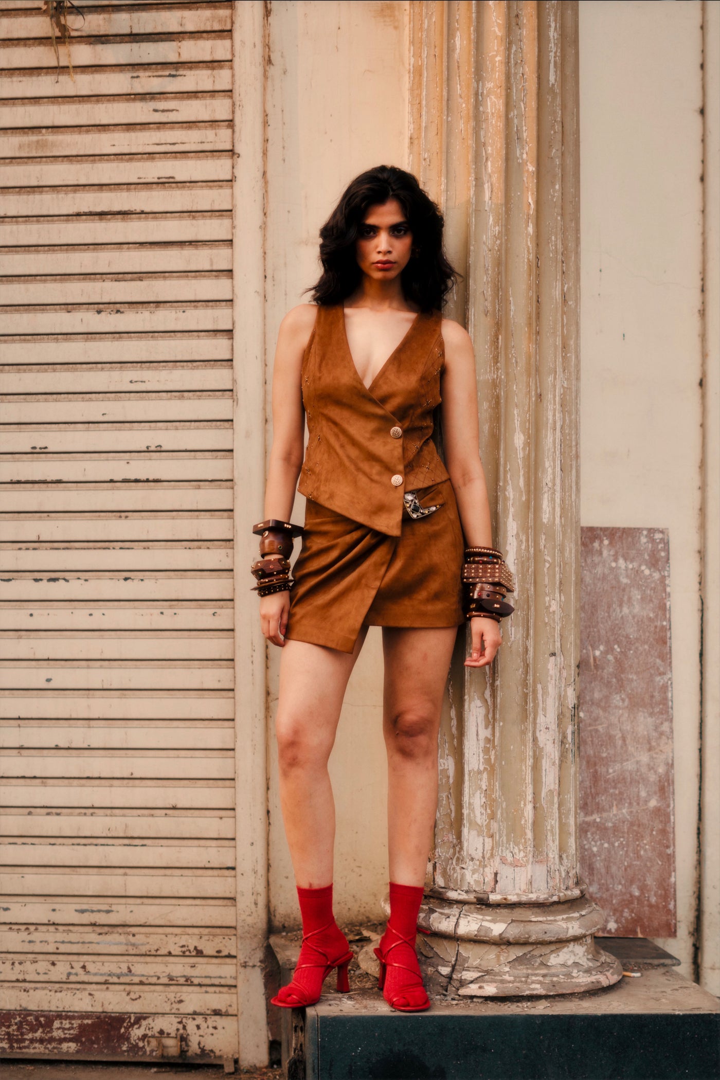 Style Junkie Tan Suede Mini Skirt indian designer wear online shopping melange singapore