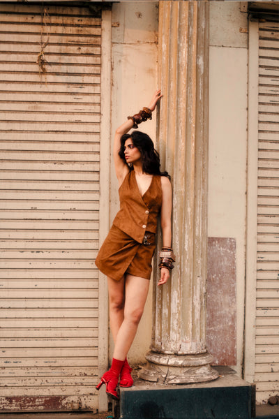 Style Junkie Tan Suede Mini Skirt indian designer wear online shopping melange singapore