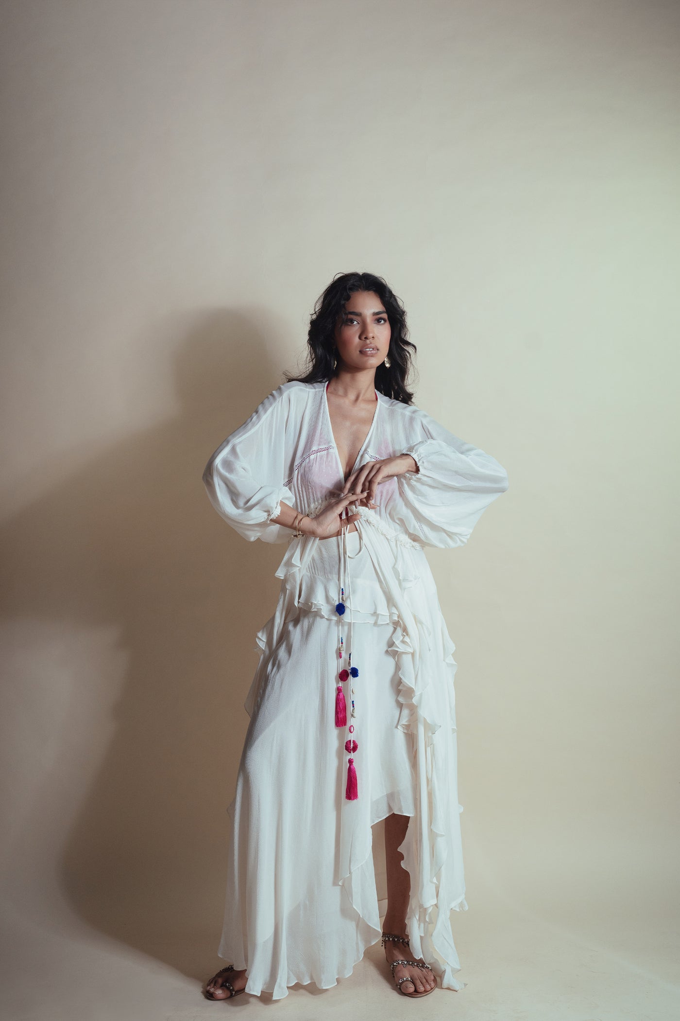 Style Junkie Vanilla Cascade Ruffle Duster indian designer wear online shopping melange singapore
