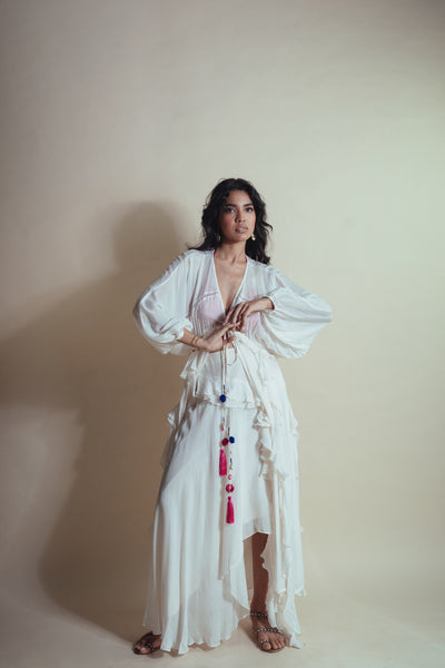 Style Junkie Vanilla Cascade Ruffle Duster indian designer wear online shopping melange singapore
