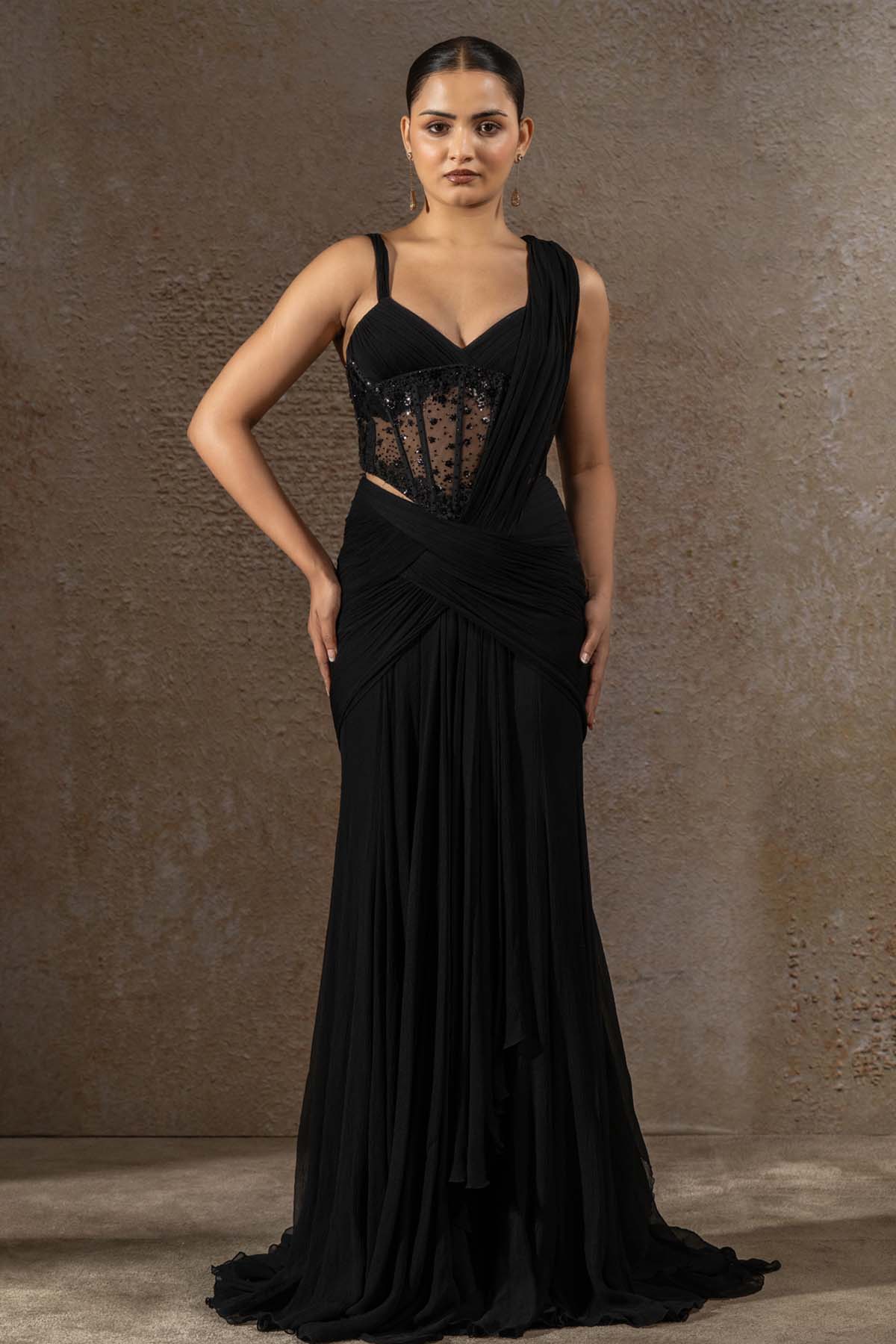 TARUN TAHILIANI Concept Saree with Sequin Embroidered Corset Belt indian designer wear online shopping melange singapore 
