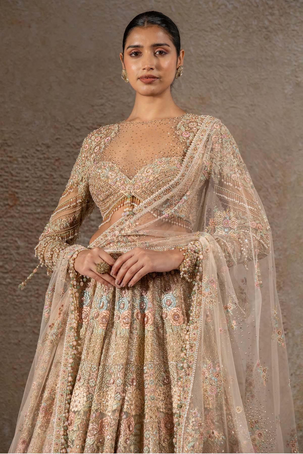 TARUN TAHILIANI Hand Embroidered Floral Lehenga Set with Drape indian designer wear online shopping melange singapore 