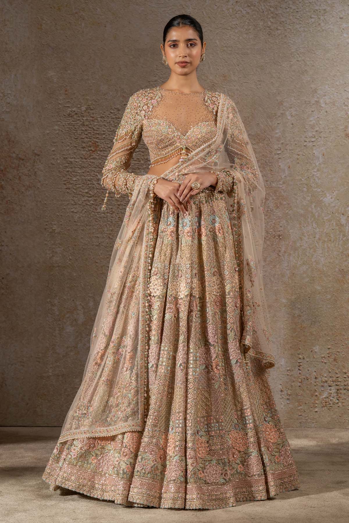 TARUN TAHILIANI Hand Embroidered Floral Lehenga Set with Drape indian designer wear online shopping melange singapore 