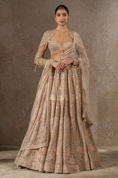 TARUN TAHILIANI Hand Embroidered Floral Lehenga Set with Drape indian designer wear online shopping melange singapore 