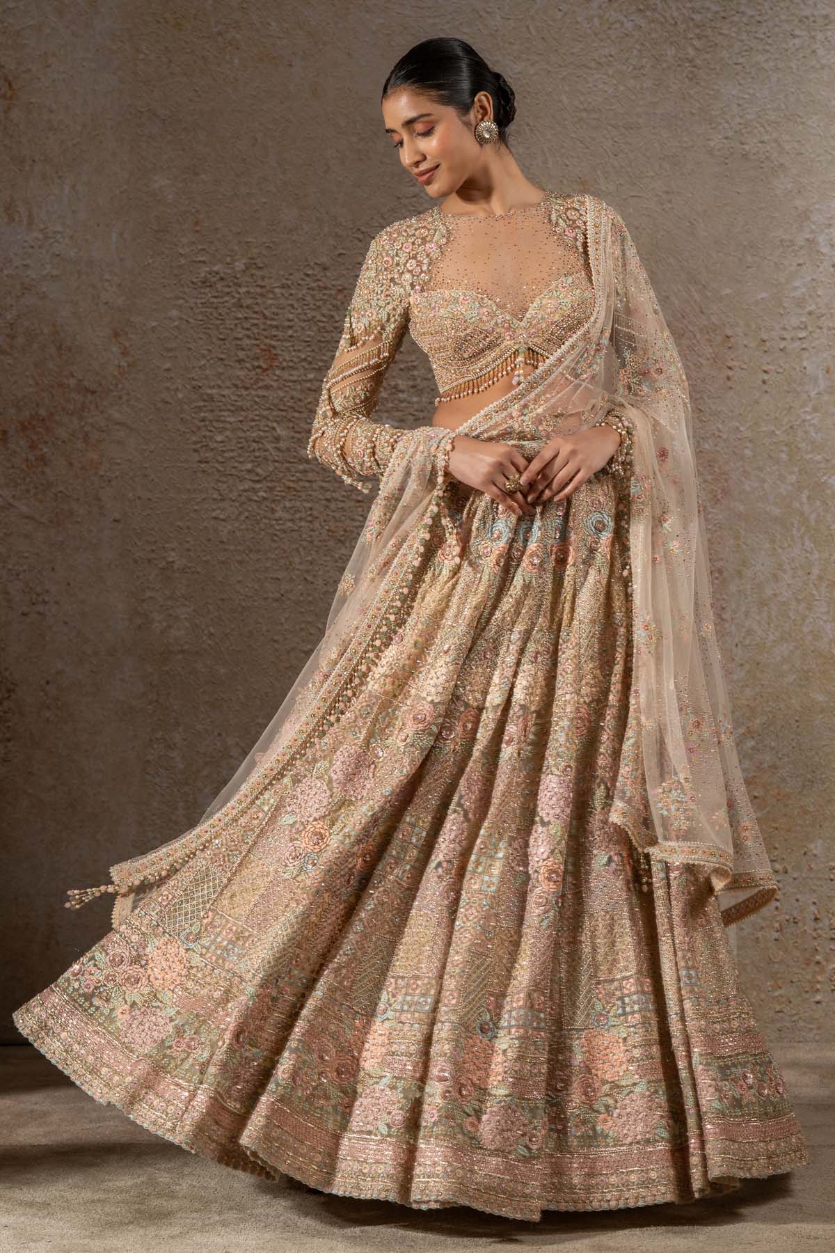 TARUN TAHILIANI Hand Embroidered Floral Lehenga Set with Drape indian designer wear online shopping melange singapore 