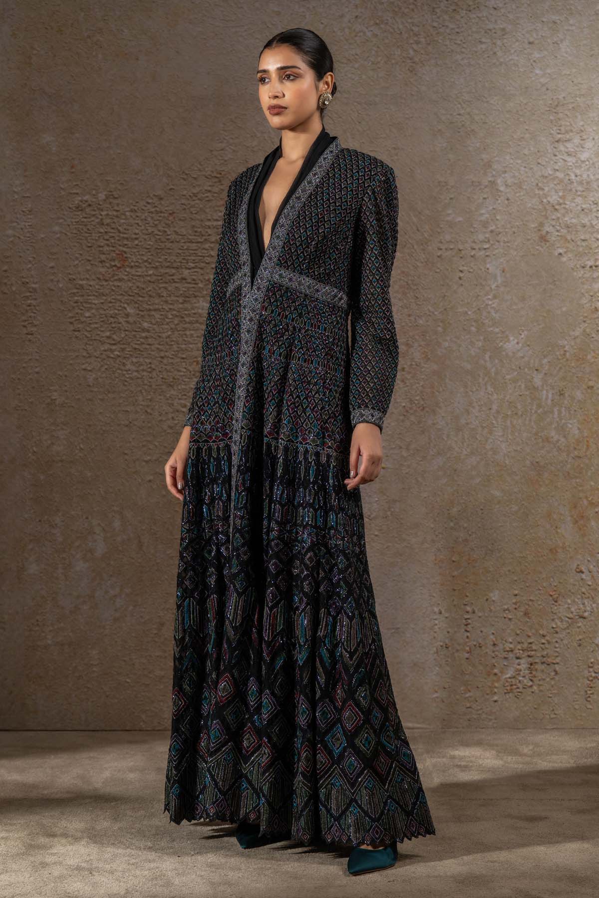 TARUN TAHILIANI Mosaic Sequin Jacket with Draped Dress indian designer wear online shopping melange singapore 

