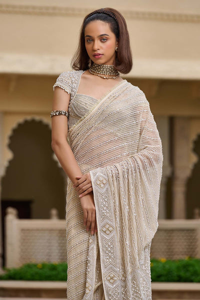Tarun Tahiliani Pearl and Thread Embroidered Saree indian designer wear online shopping melange singapore 