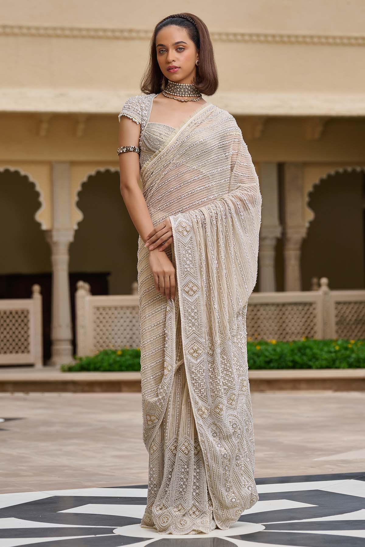 Tarun Tahiliani Pearl and Thread Embroidered Saree indian designer wear online shopping melange singapore 