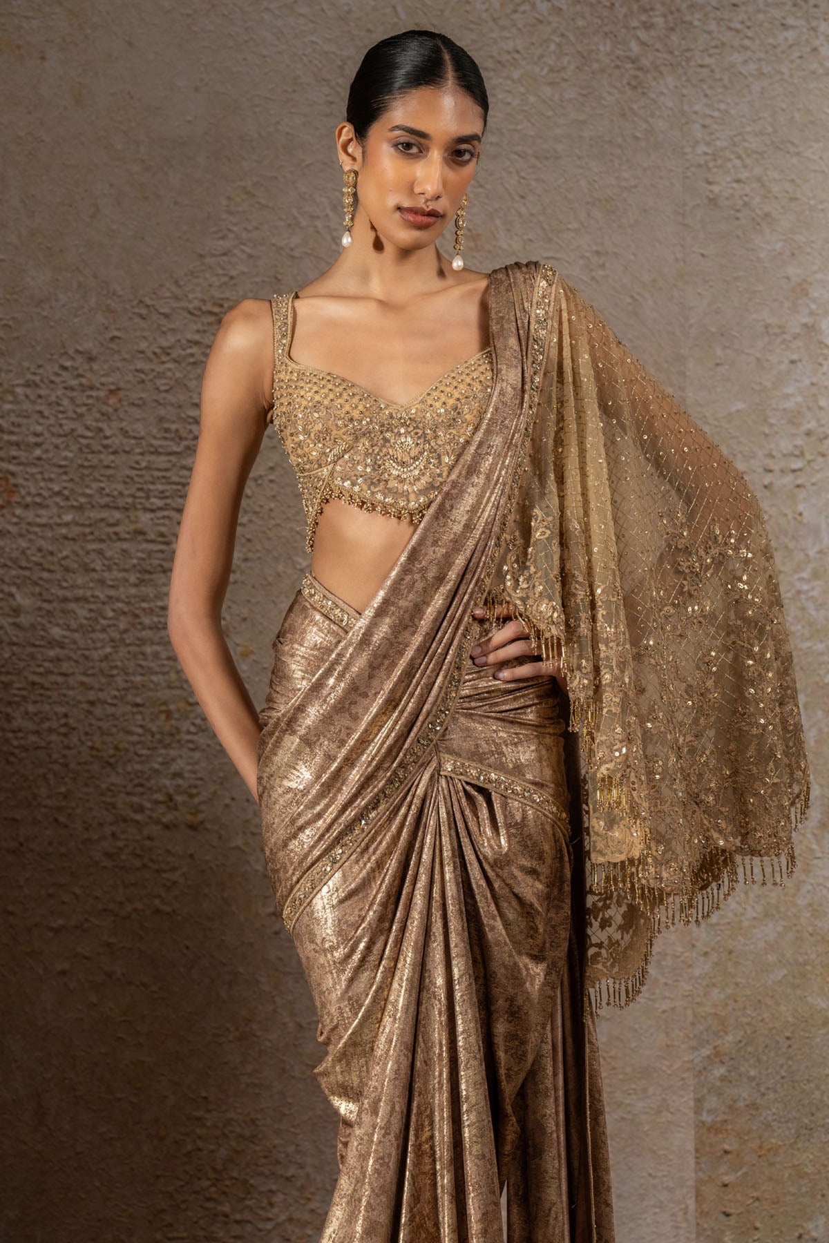 TARUN TAHILIANI Pre-Draped Saree with Hand Embroidered Pallu indian designer wear online shopping melange singapore 
