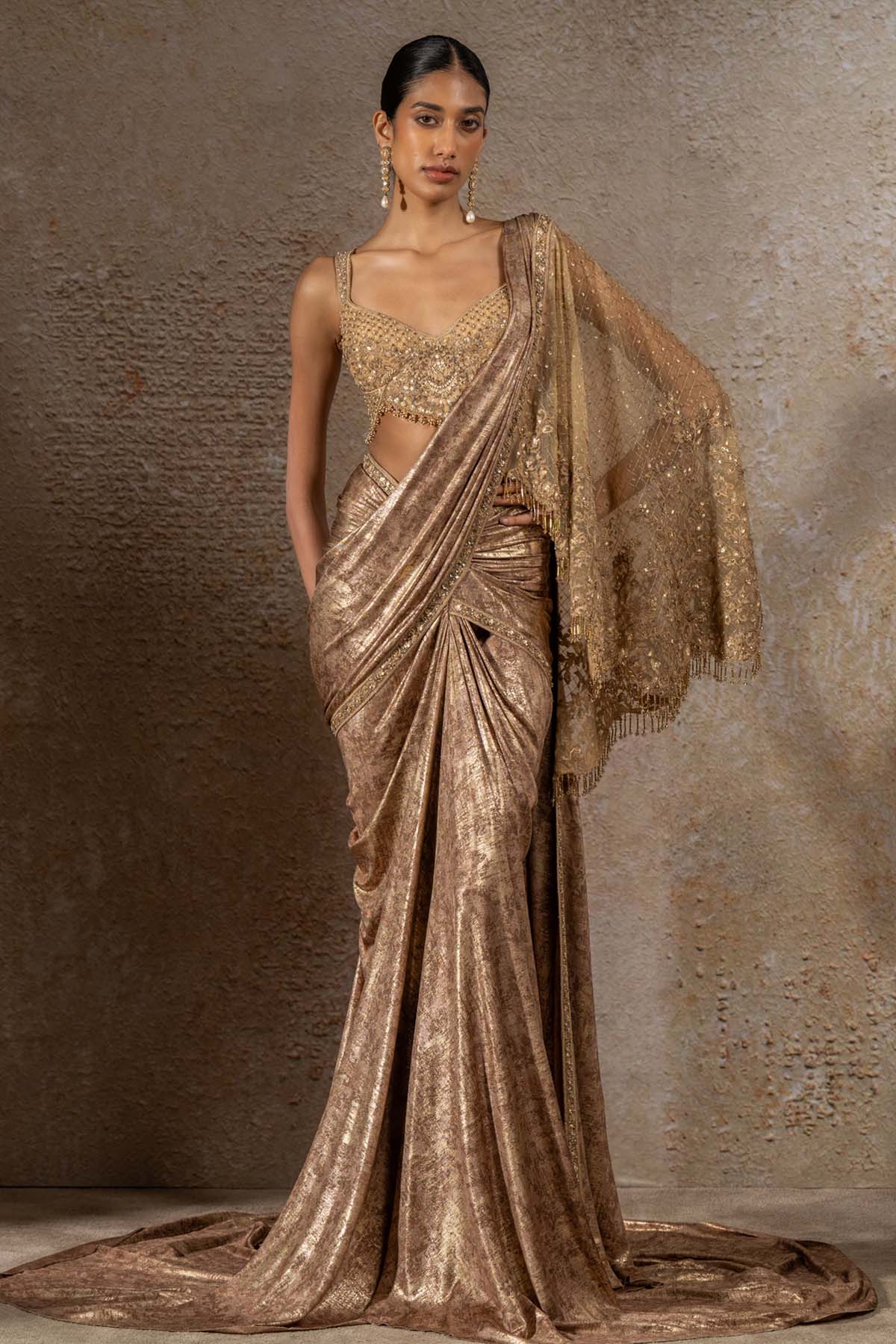 TARUN TAHILIANI Pre-Draped Saree with Hand Embroidered Pallu indian designer wear online shopping melange singapore 
