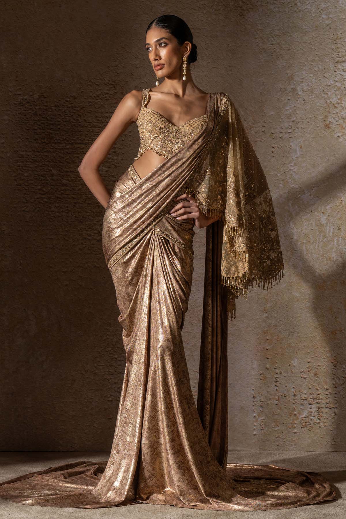 TARUN TAHILIANI Pre-Draped Saree with Hand Embroidered Pallu indian designer wear online shopping melange singapore 
