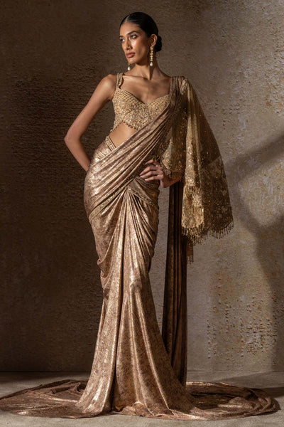 TARUN TAHILIANI Pre-Draped Saree with Hand Embroidered Pallu indian designer wear online shopping melange singapore 

