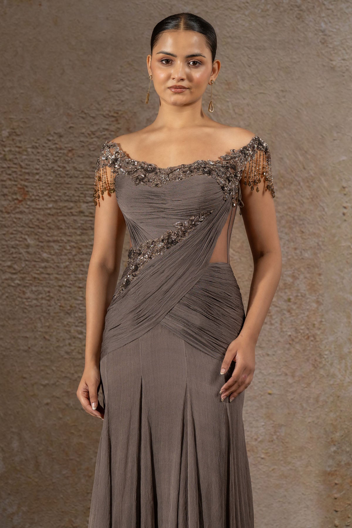 TARUN TAHILIANI Sequin Embroidered Chiffon Gown indian designer wear online shopping melange singapore 