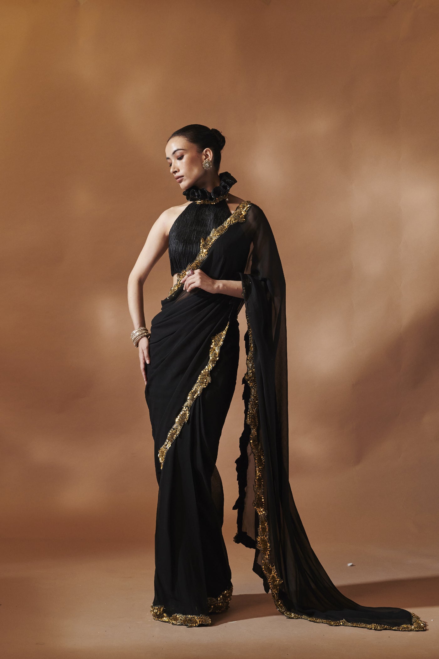 Tamanna Punjabi Kapoor Black And Gold Saree indian designer wear online shopping melange singapore