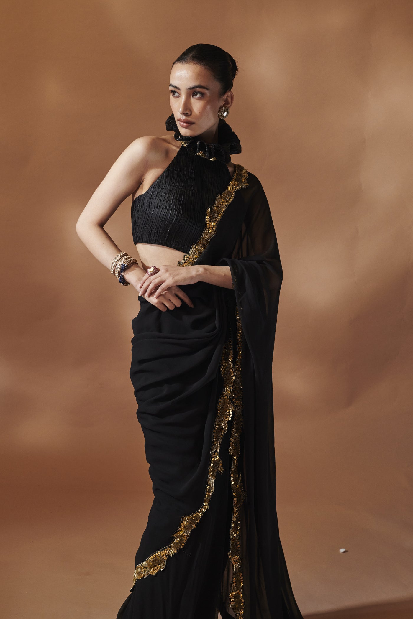 Tamanna Punjabi Kapoor Black And Gold Saree indian designer wear online shopping melange singapore