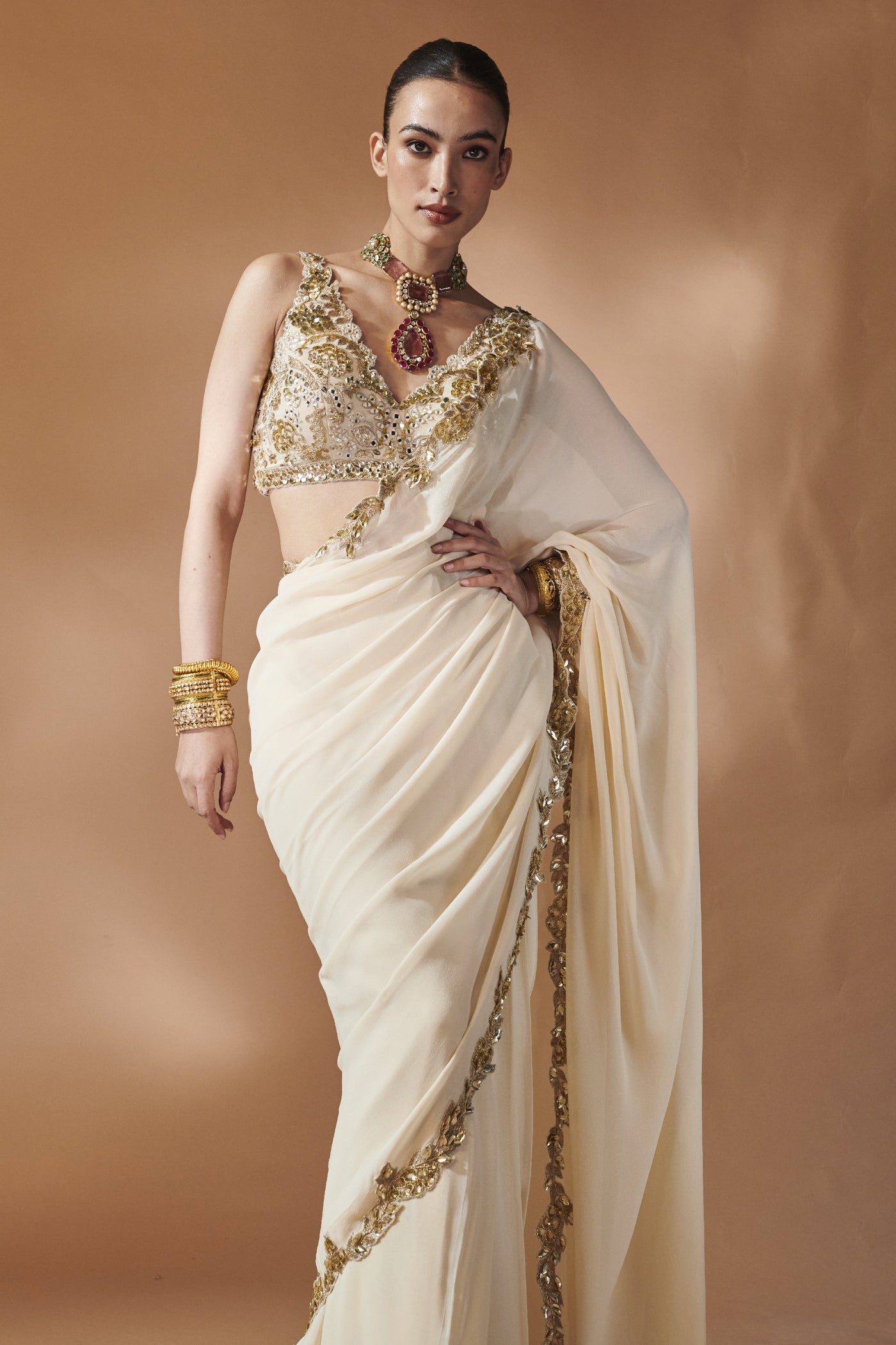 Tamanna Punjabi Kapoor Ivory And Gold Saree Set indian designer wear online shopping melange singapore