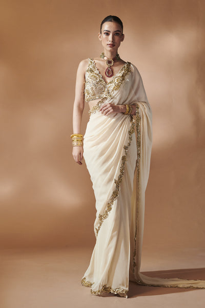 Tamanna Punjabi Kapoor Ivory And Gold Saree Set indian designer wear online shopping melange singapore