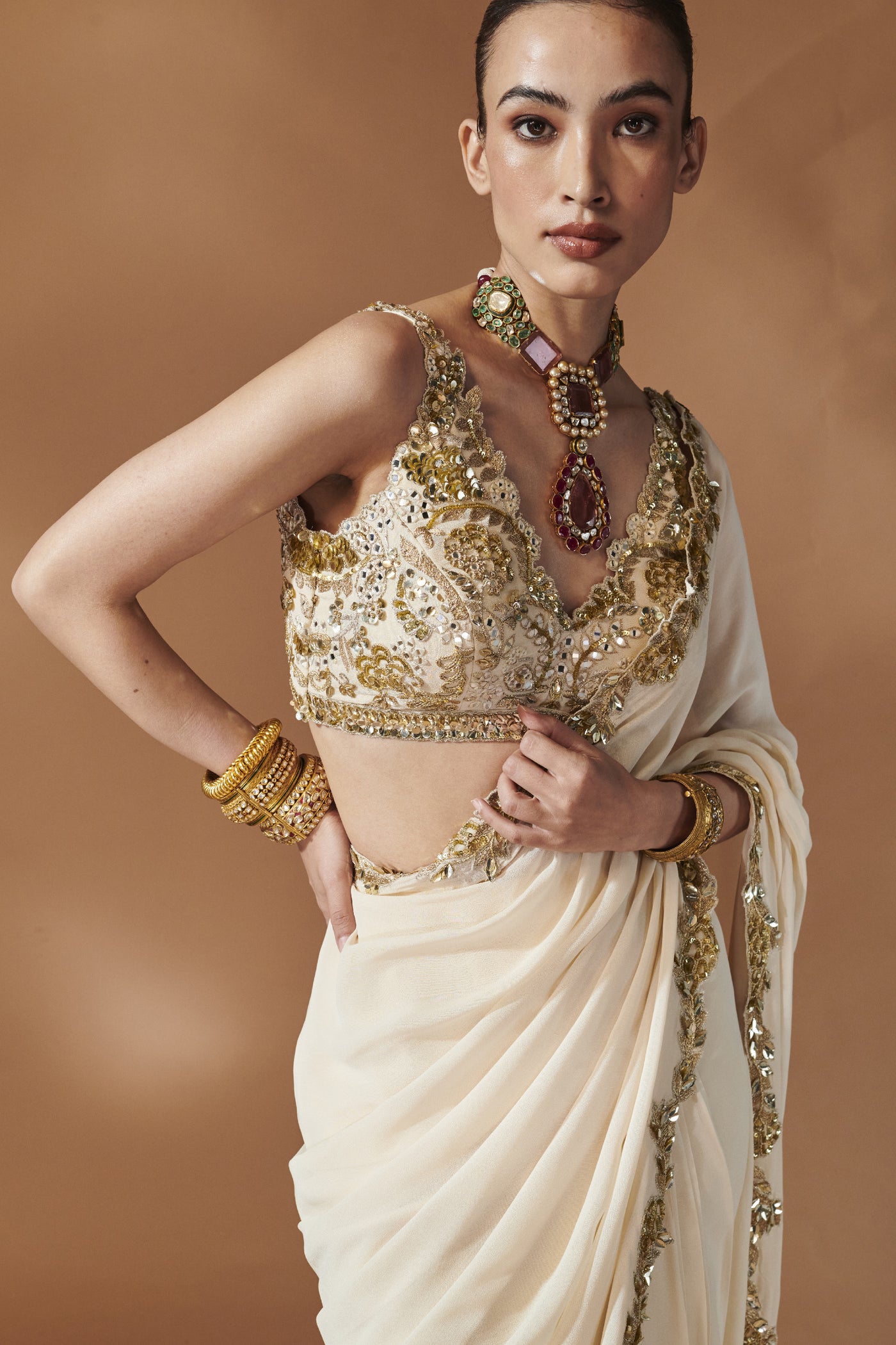 Tamanna Punjabi Kapoor Ivory And Gold Saree Set indian designer wear online shopping melange singapore