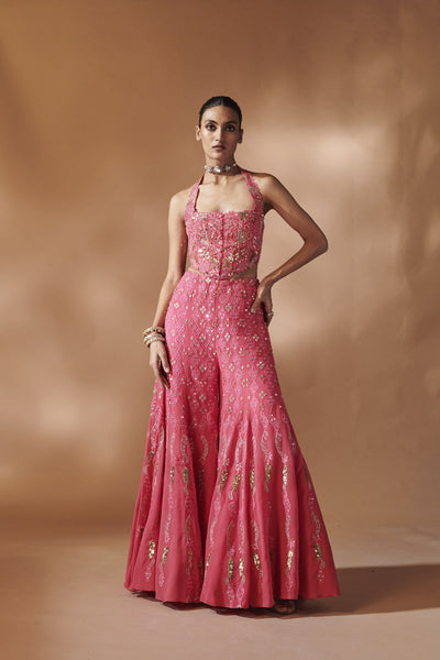 Tamanna Punjabi Kapoor Pink High Waist Sharara With A Corset Blouse indian designer wear online shopping melange singapore