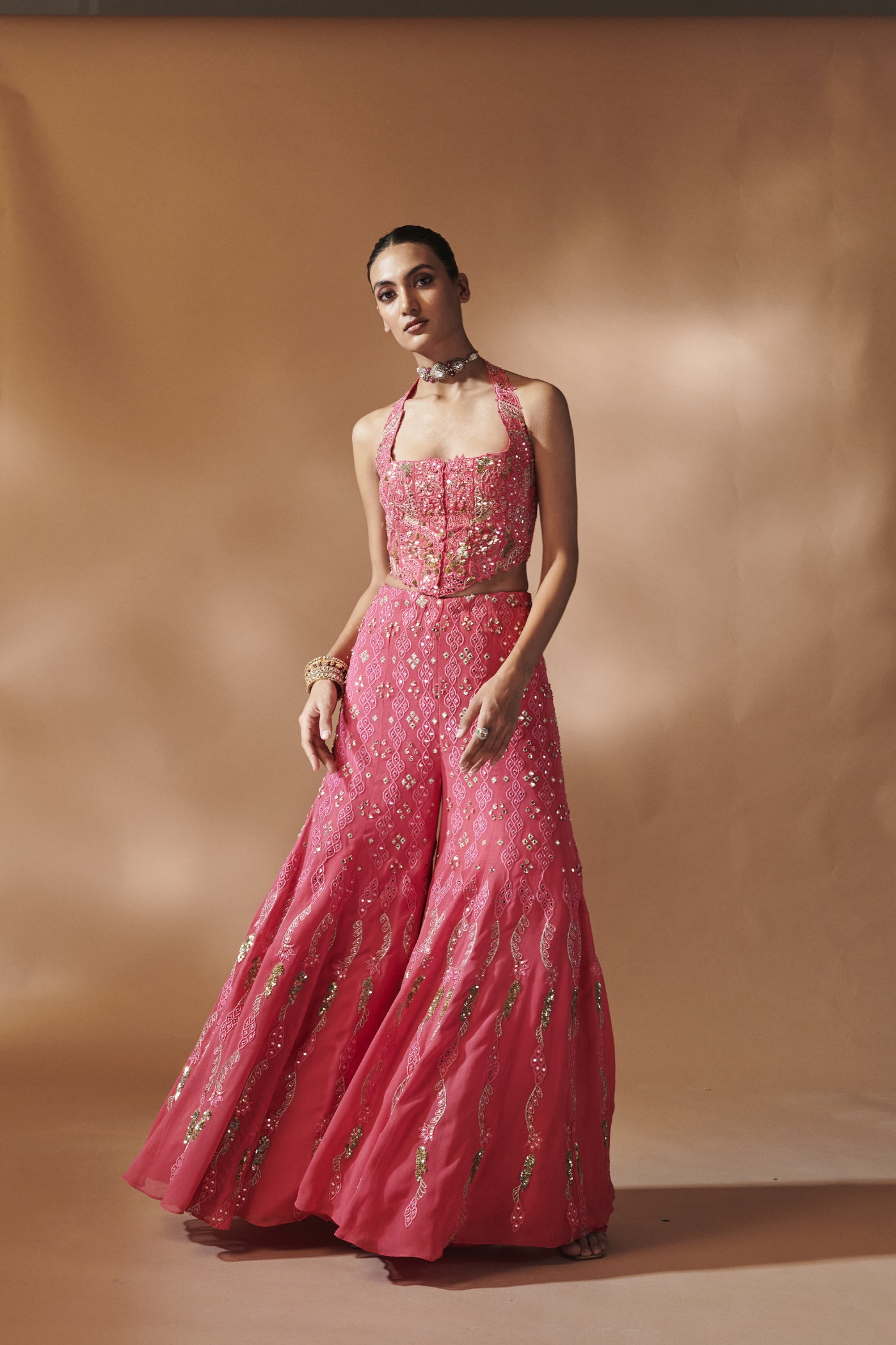 Tamanna Punjabi Kapoor Pink High Waist Sharara With A Corset Blouse indian designer wear online shopping melange singapore
