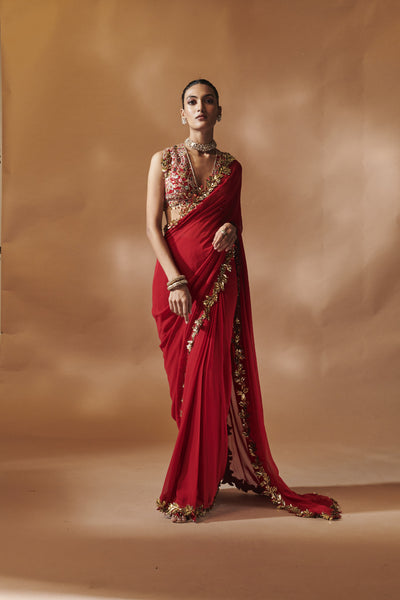 Tamanna Punjabi Kapoor Red And Gold Embroidered Saree Set indian designer wear online shopping melange singapore