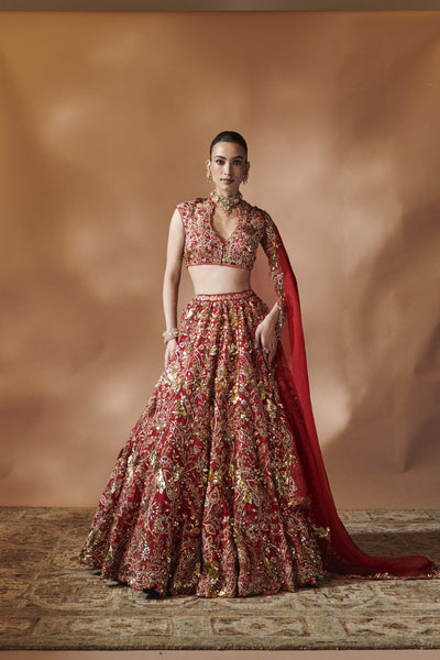 Tamanna Punjabi Kapoor Red Heavily Embroidered Lehenga Set indian designer wear online shopping melange singapore