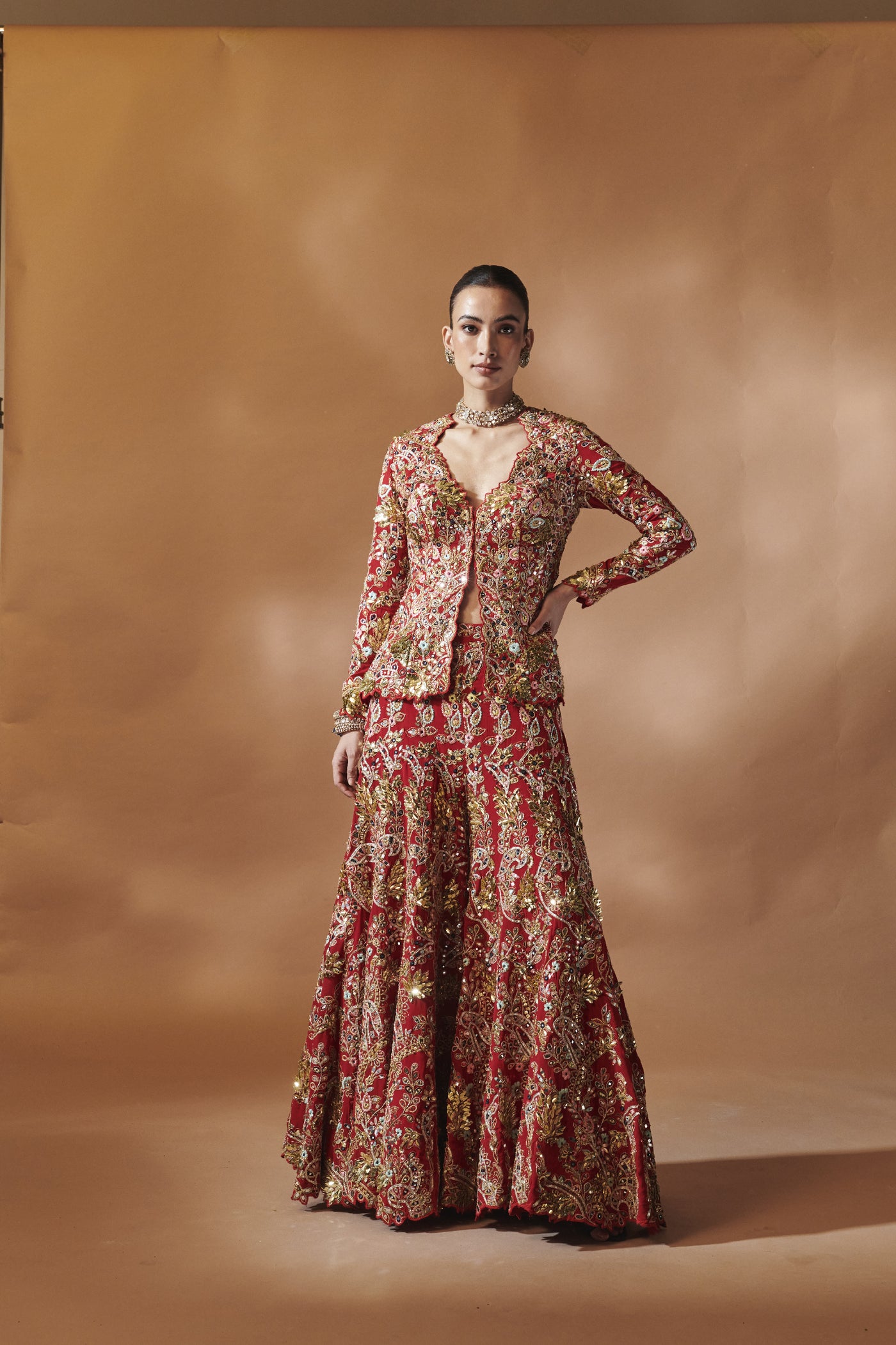 Tamanna Punjabi Kapoor Red Open Jacket With A Sharara indian designer wear online shopping melange singapore