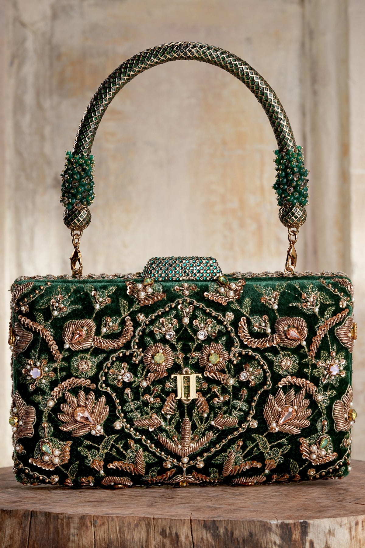 Tarun Tahiliani Accessories Embroidered Clutch Emerald indian designer wear online shopping melange singapore 
