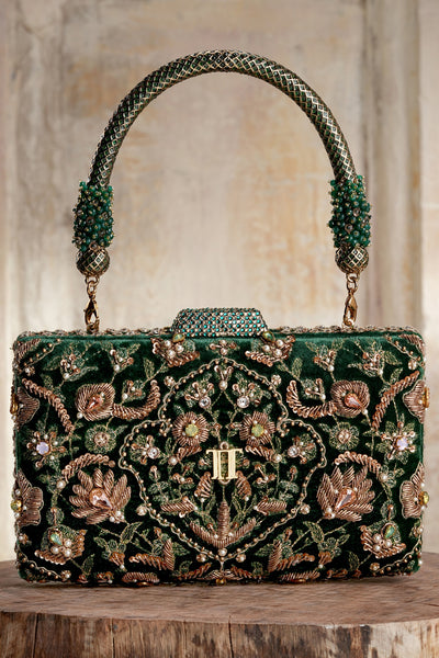 Tarun Tahiliani Accessories Embroidered Clutch Emerald indian designer wear online shopping melange singapore 
