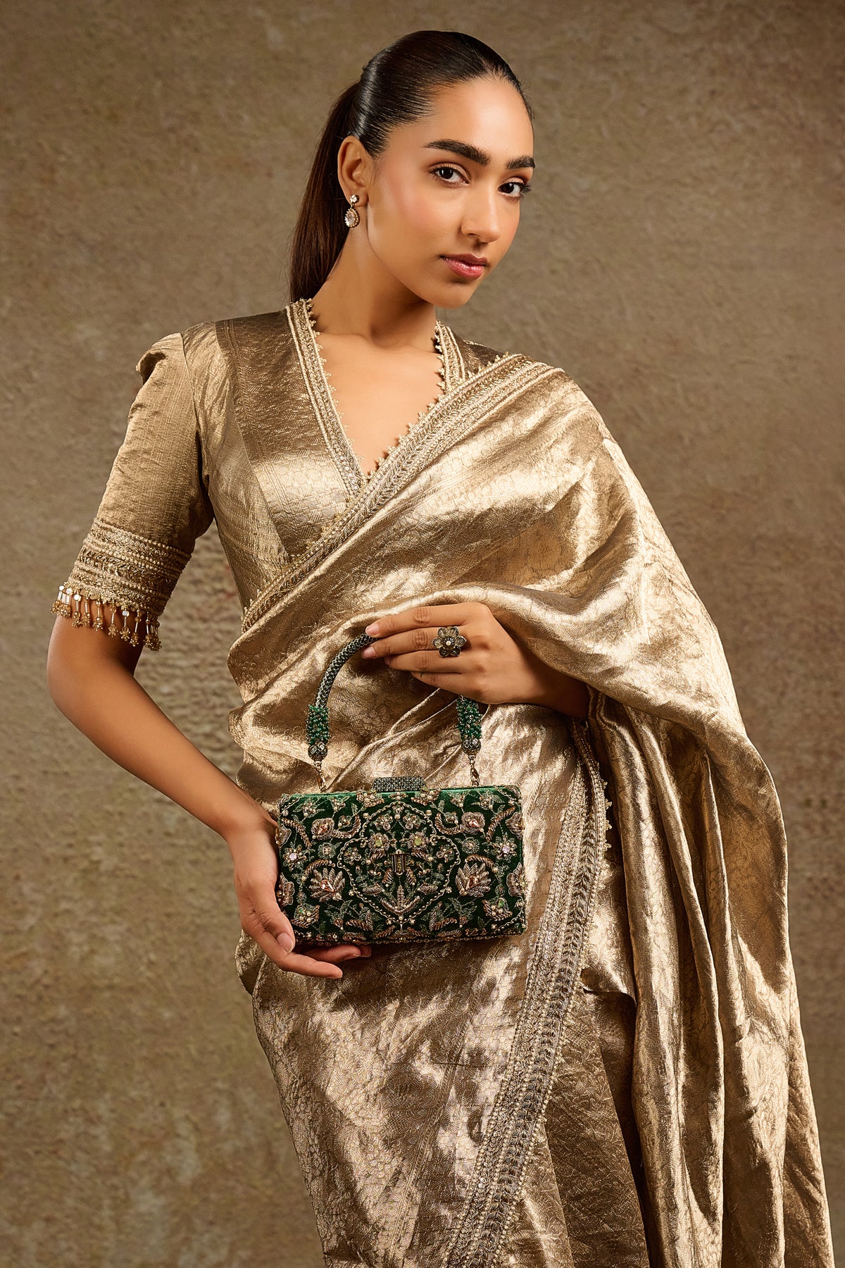 Tarun Tahiliani Accessories Embroidered Clutch Emerald indian designer wear online shopping melange singapore 
