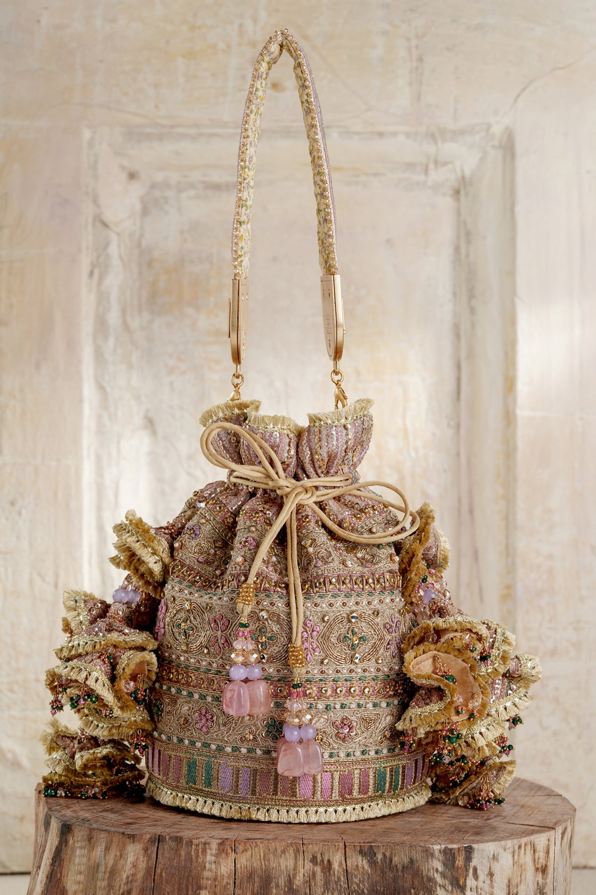 Tarun Tahiliani Accessories Embroidered Potli Gold Multi indian designer wear online shopping melange singapore 