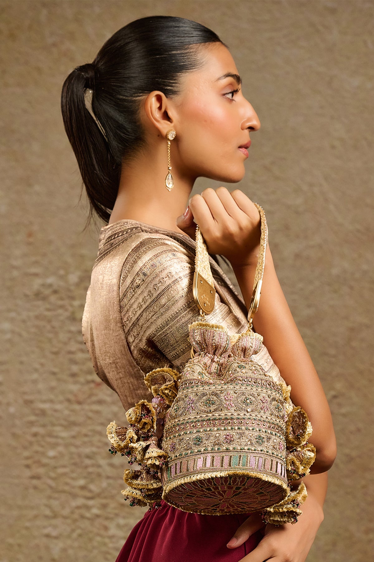 Tarun Tahiliani Accessories Embroidered Potli Gold Multi indian designer wear online shopping melange singapore 