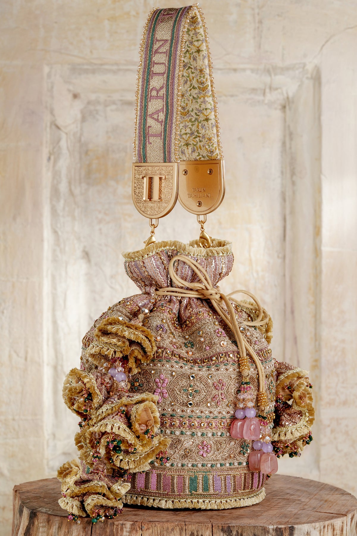 Tarun Tahiliani Accessories Embroidered Potli Gold Multi indian designer wear online shopping melange singapore 